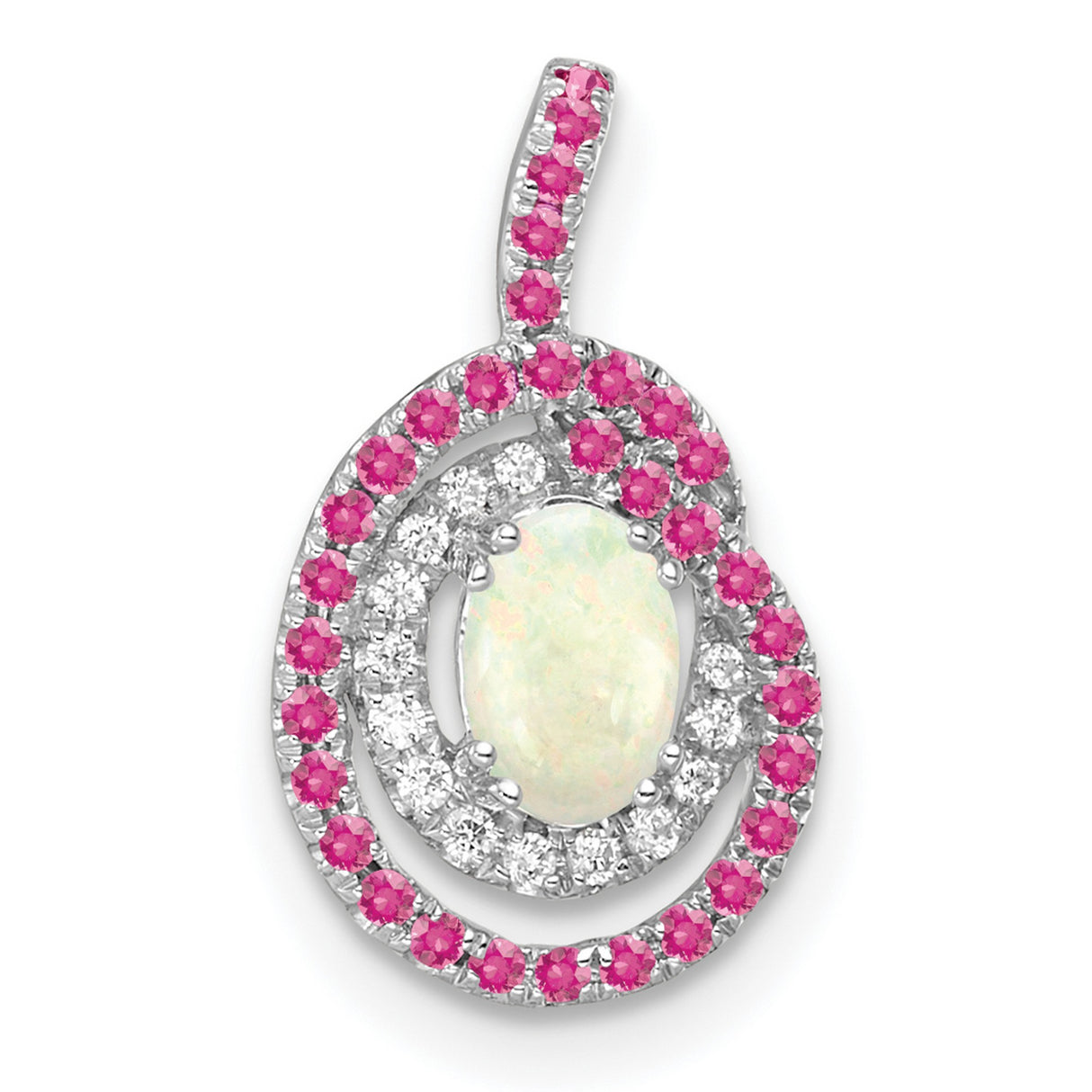 14k White Gold Pendant with Oval Opal, Pink Tourmaline, and Diamond Halo Swirl Design