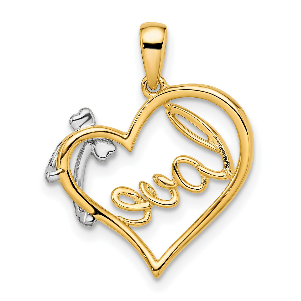 14k Two-Tone Gold Heart Pendant with Diamond Bow Accent and Love Script