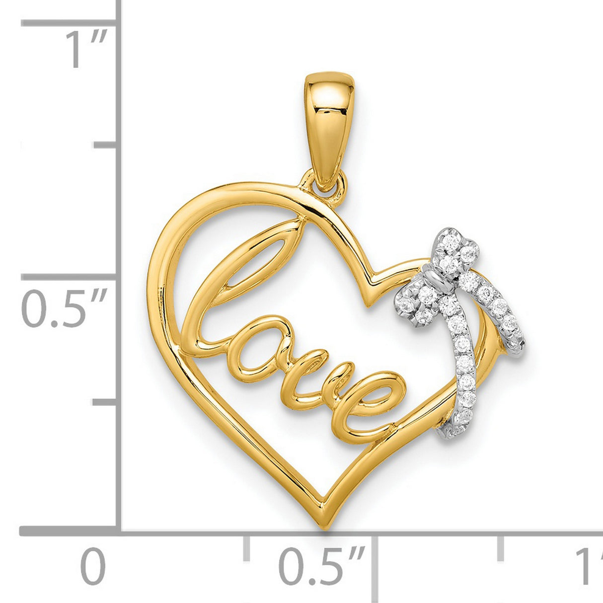 14k Two-Tone Gold Heart Pendant with Diamond Bow Accent and Love Script