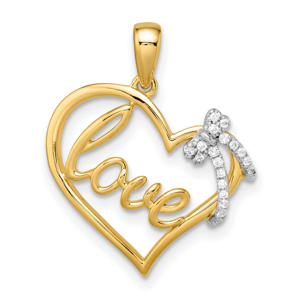 14k Two-Tone Gold Heart Pendant with Diamond Bow Accent and Love Script