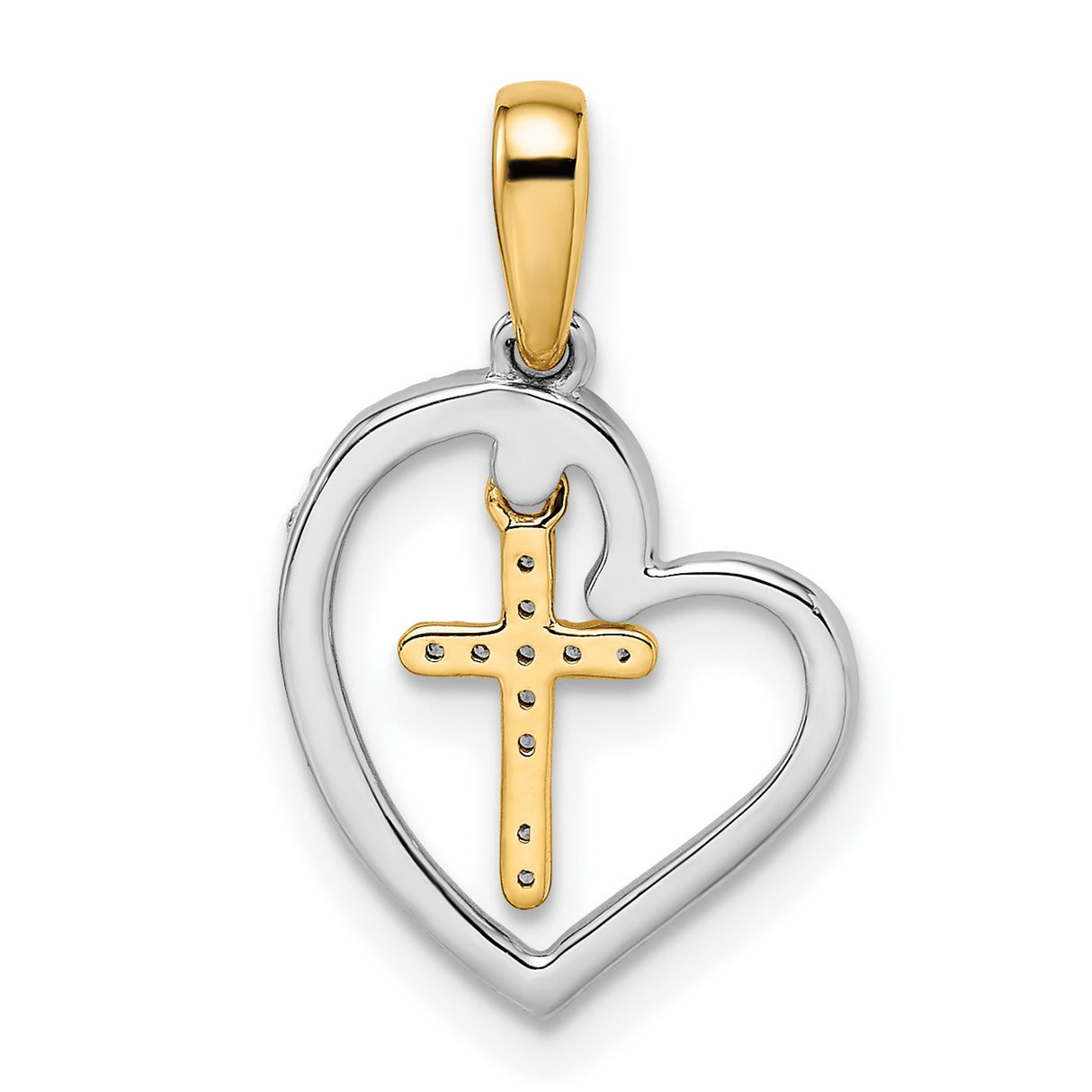 14k Two-Tone Gold Cross Pendant with Diamond Accent, Open Heart and Faith Design
