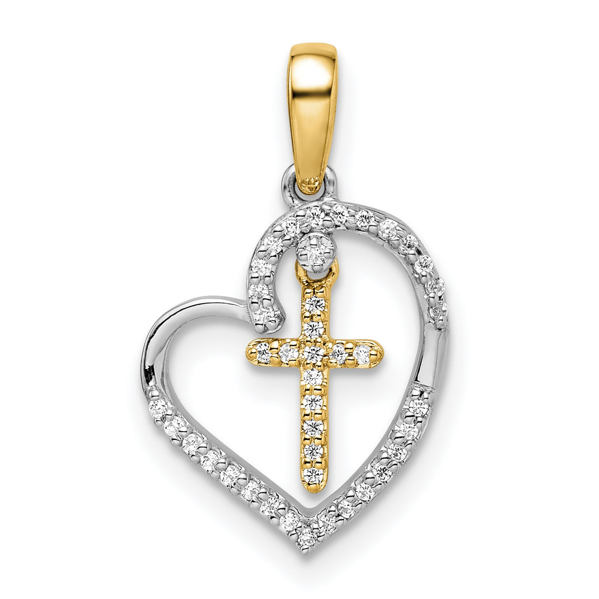 14k Two-Tone Gold Cross Pendant with Diamond Accent, Open Heart and Faith Design