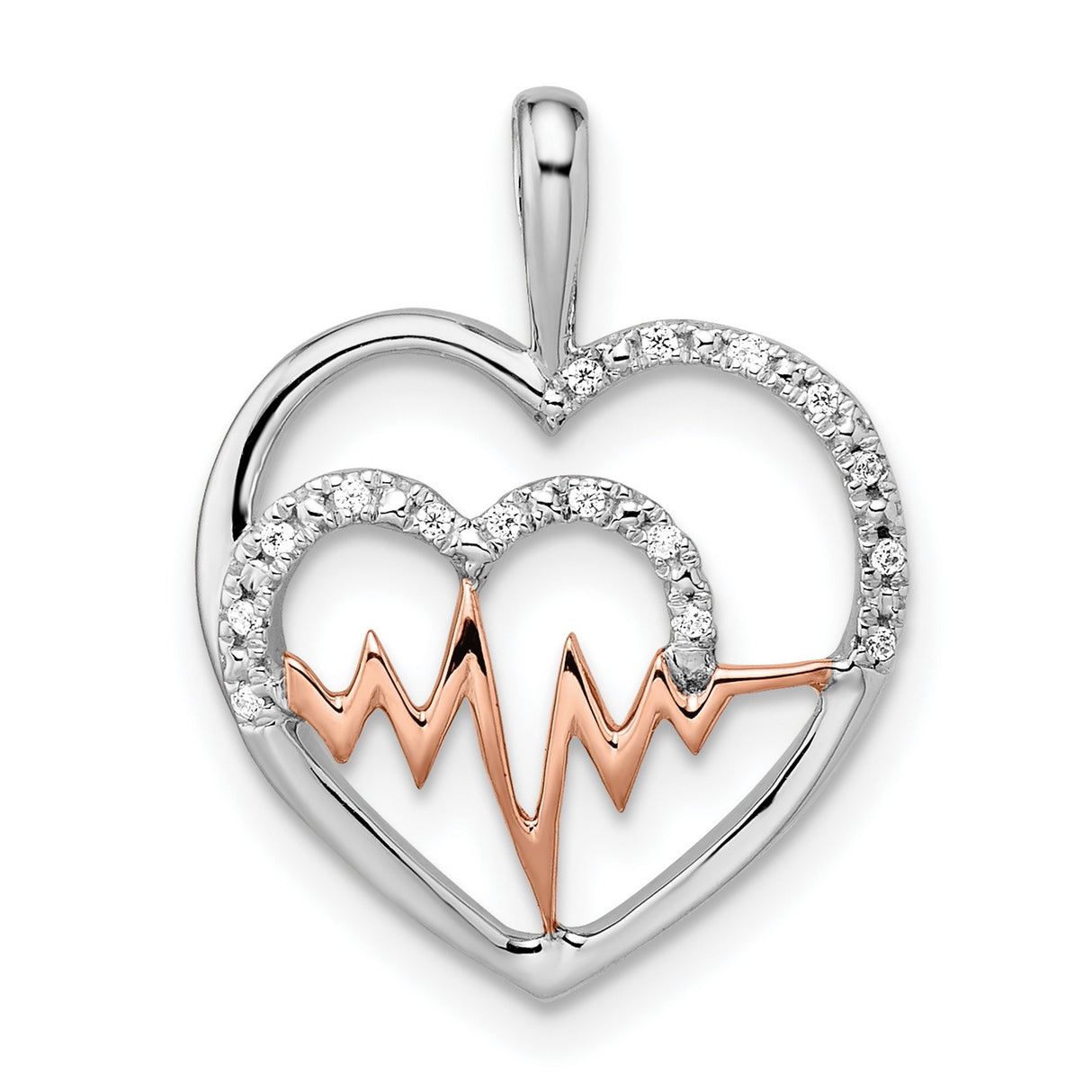 14k Two-Tone Gold Heart Pendant with Diamond Accent, Rose Gold Heartbeat Design