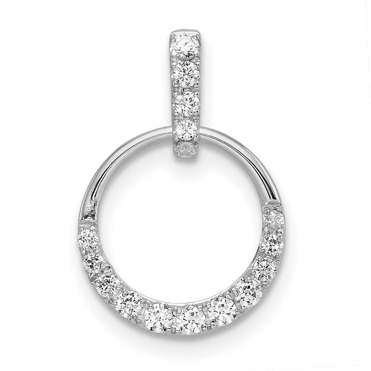 10k White Gold Circle Pendant with Round Cut White Diamonds, Half Pavé Open Design