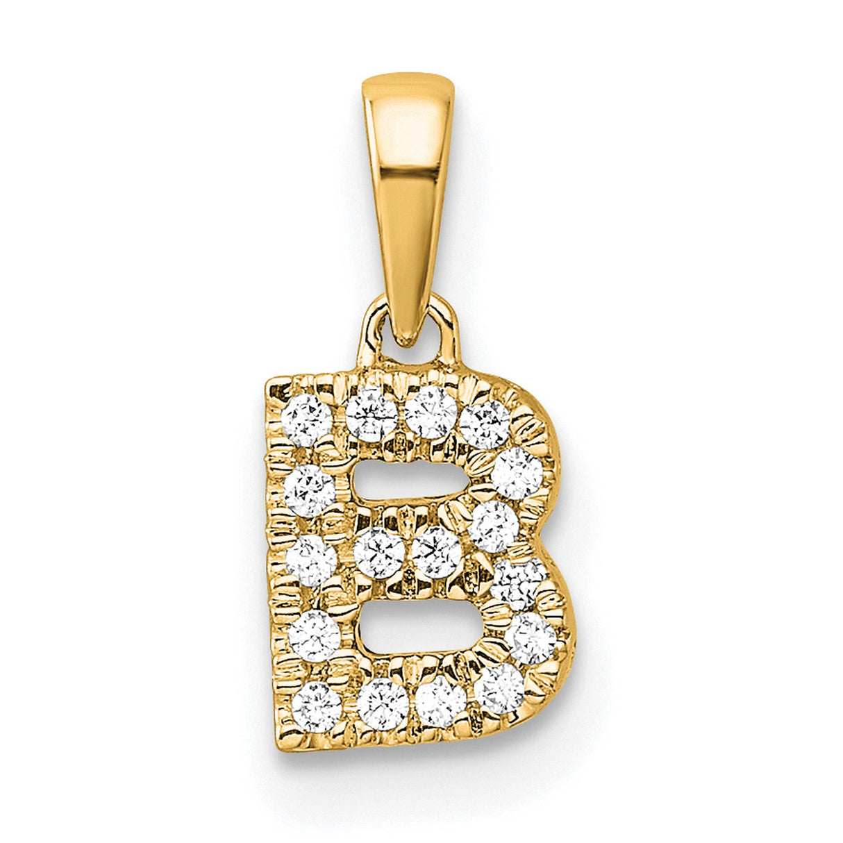 14k Yellow Gold Letter B Pendant with Clear Cubic Zirconia, Unisex Alphabet Charm