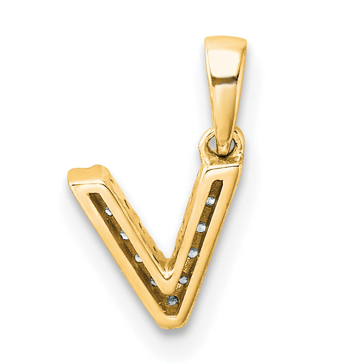 14k Yellow Gold Letter V Pendant with Round Cut Pavé Diamonds, Initial Monogram Charm