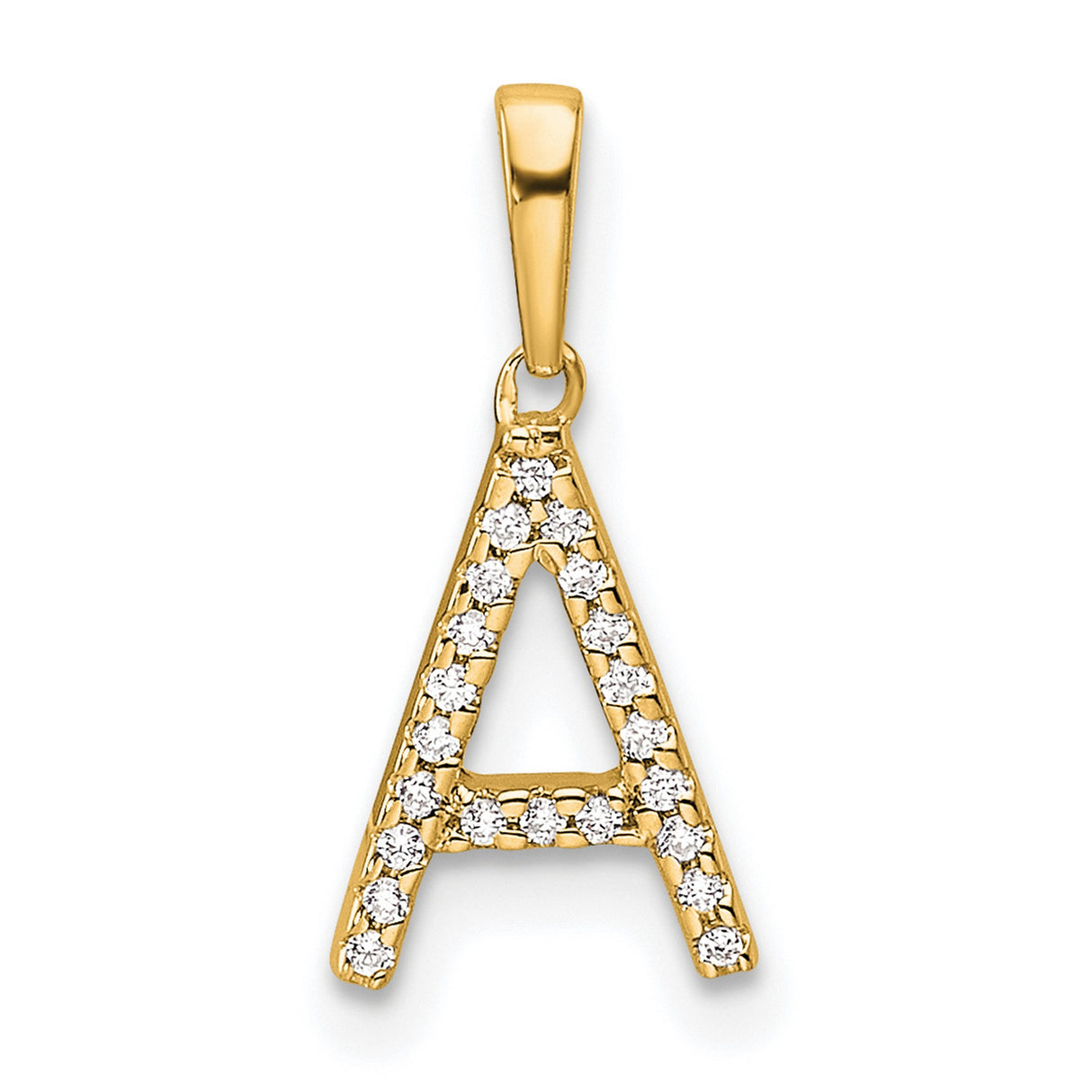 10k Yellow Gold Letter A Pendant with Pave Set White Stones, Polished Alphabet Charm