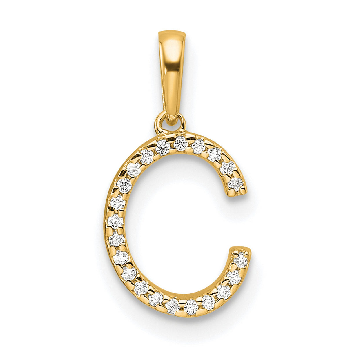 10k Yellow Gold Initial C Pendant with Polished Finish and Inset Clear Stones
