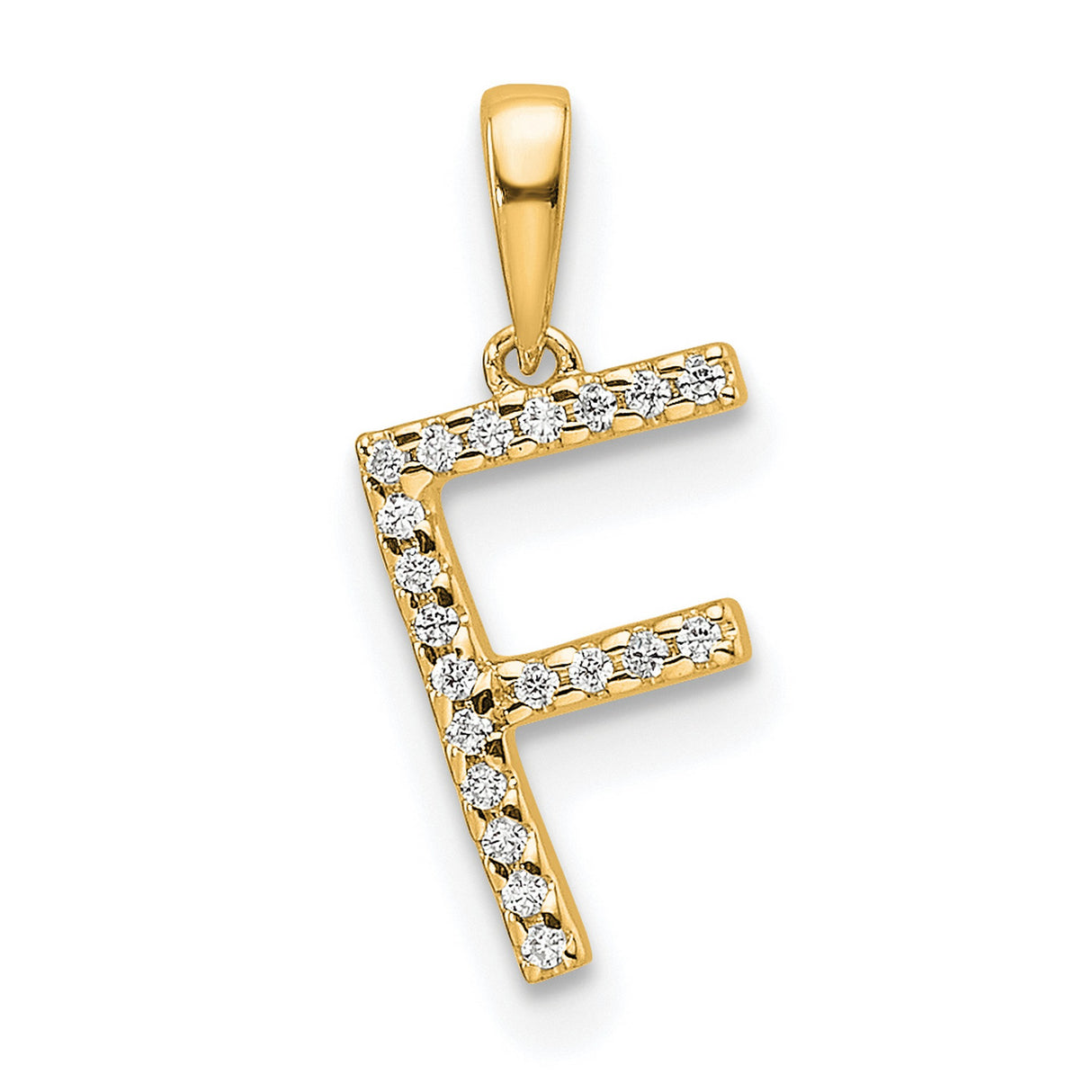 10k Yellow Gold Letter F Pendant with Round Cut White Stones, Initial Charm for Women or Unisex