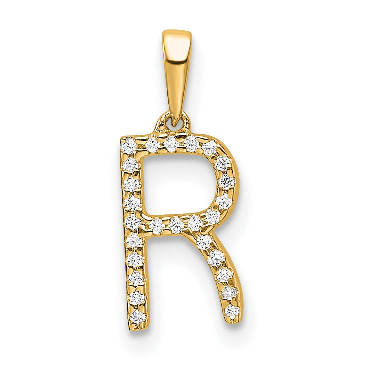 10k Yellow Gold Letter R Pendant with White Stones, Polished Finish, Bold Capital Design