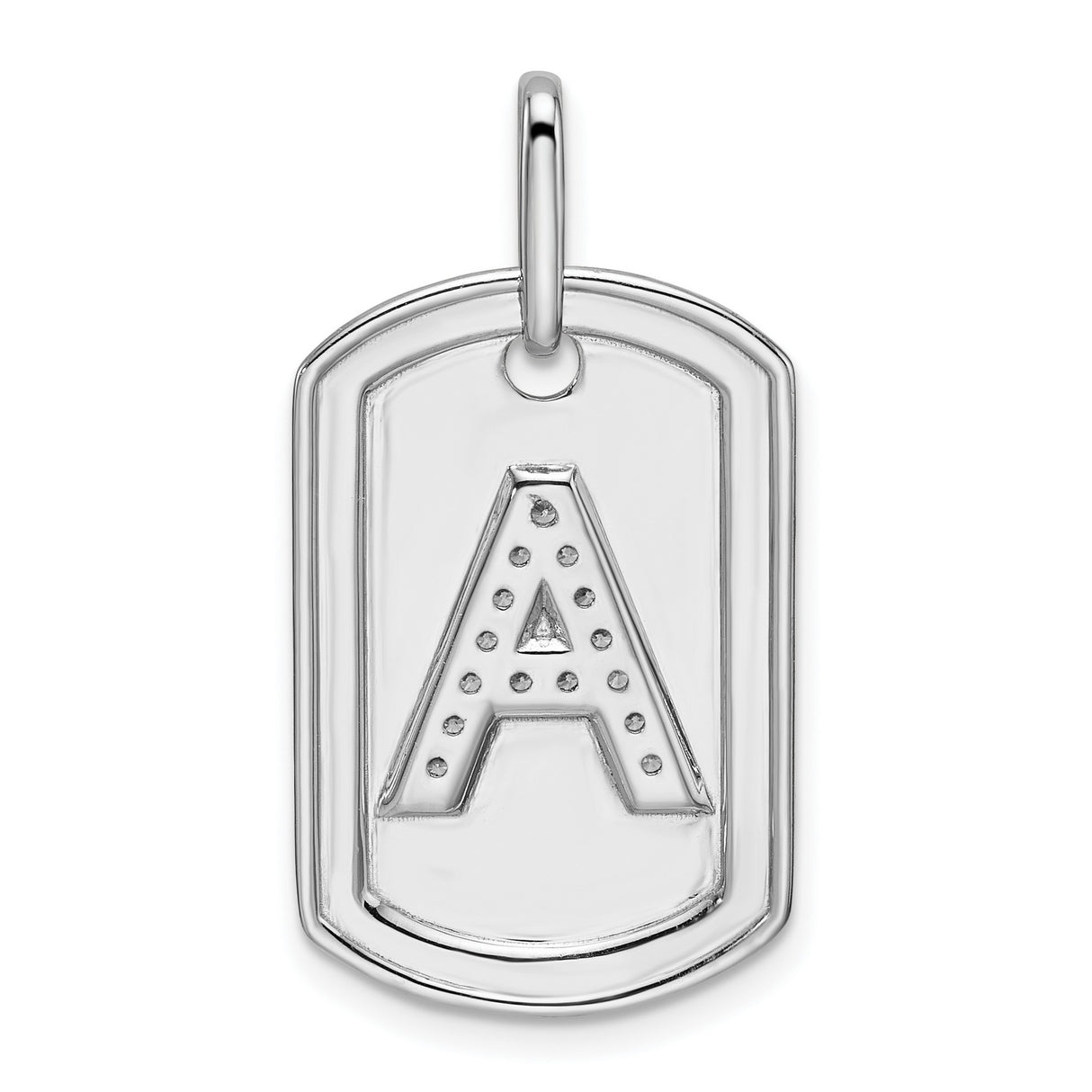 14k White Gold Dog Tag Pendant with Pavé Diamond Letter A, Custom Initial Charm