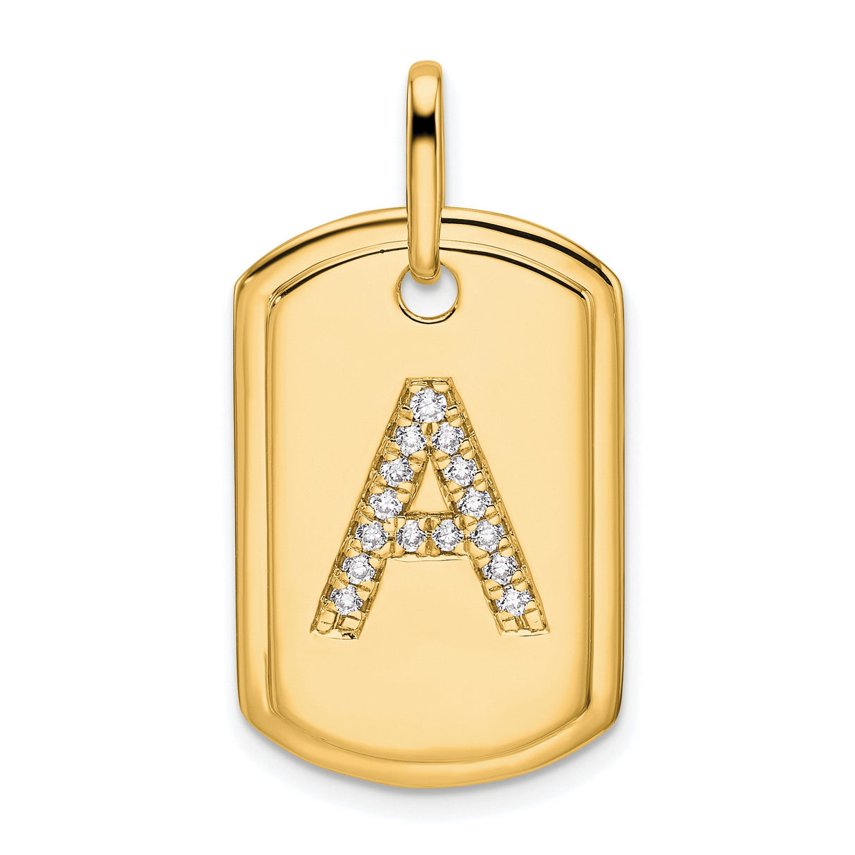14k Yellow Gold Dog Tag Pendant with Pavé Diamond Initial A, Dainty Monogram Charm