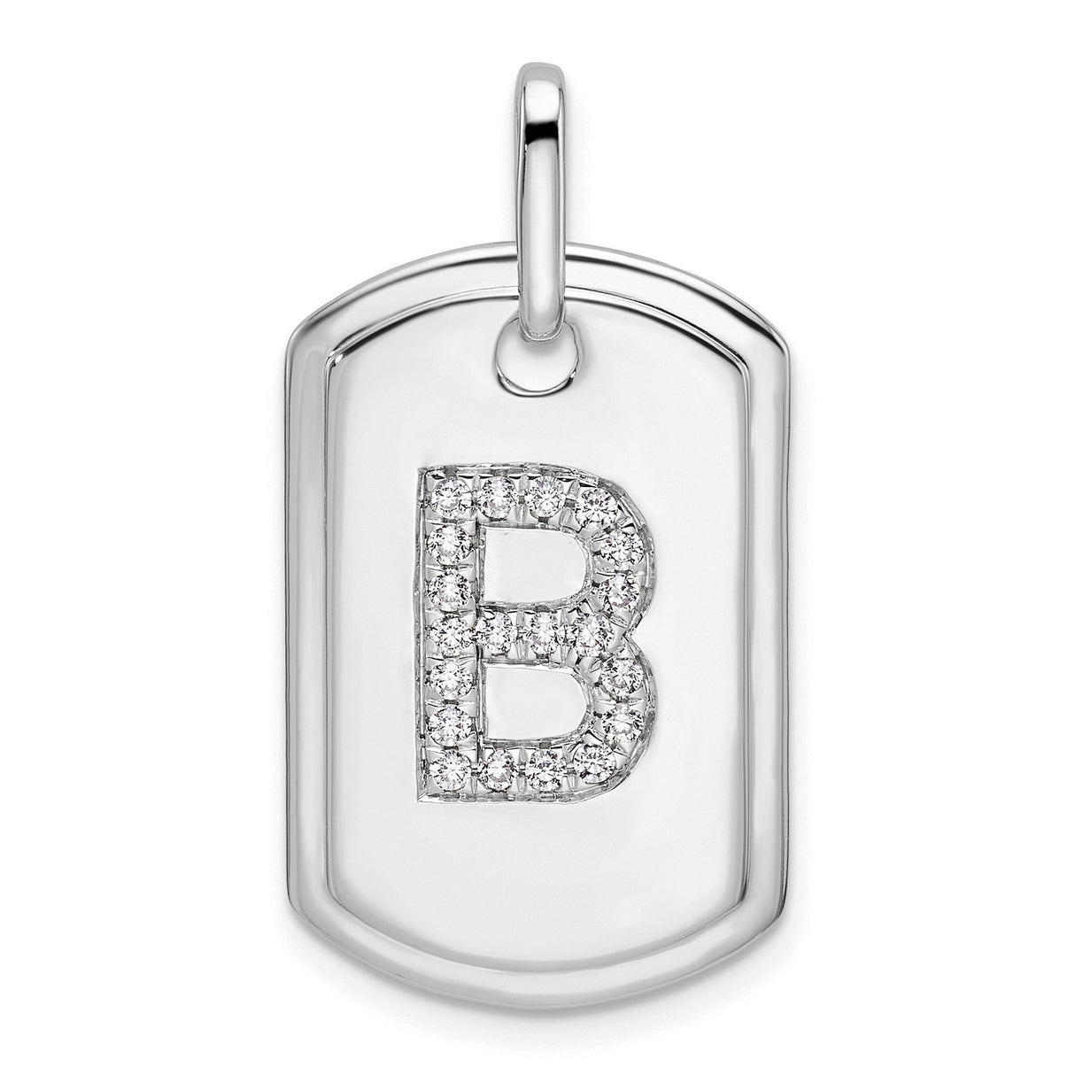 14k White Gold Initial B Pendant with Diamond Accent, Dog Tag Charm, Unisex Monogram Style