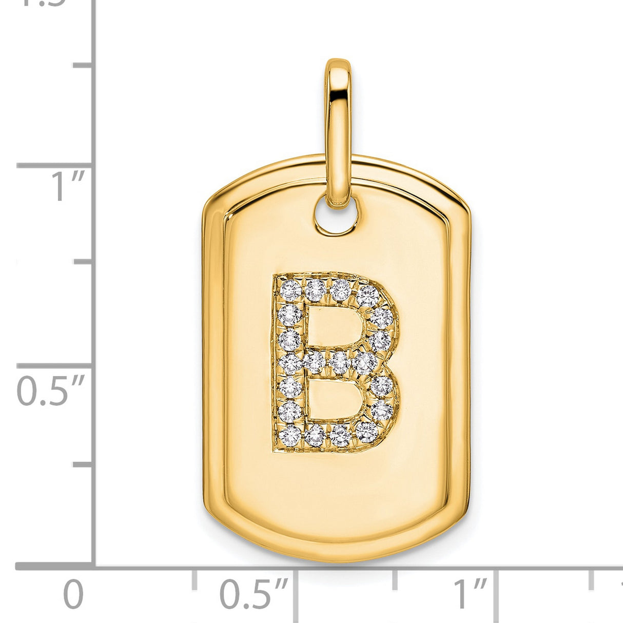 14k Yellow Gold Dog Tag Pendant with Pavé Diamond Letter B, Unisex Initial Charm