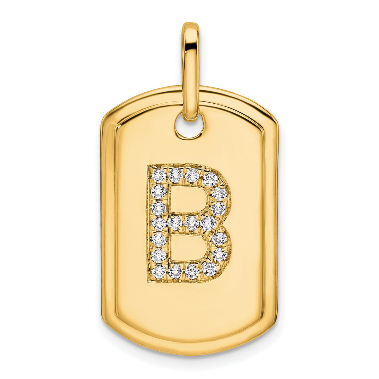 14k Yellow Gold Dog Tag Pendant with Pavé Diamond Letter B, Unisex Initial Charm