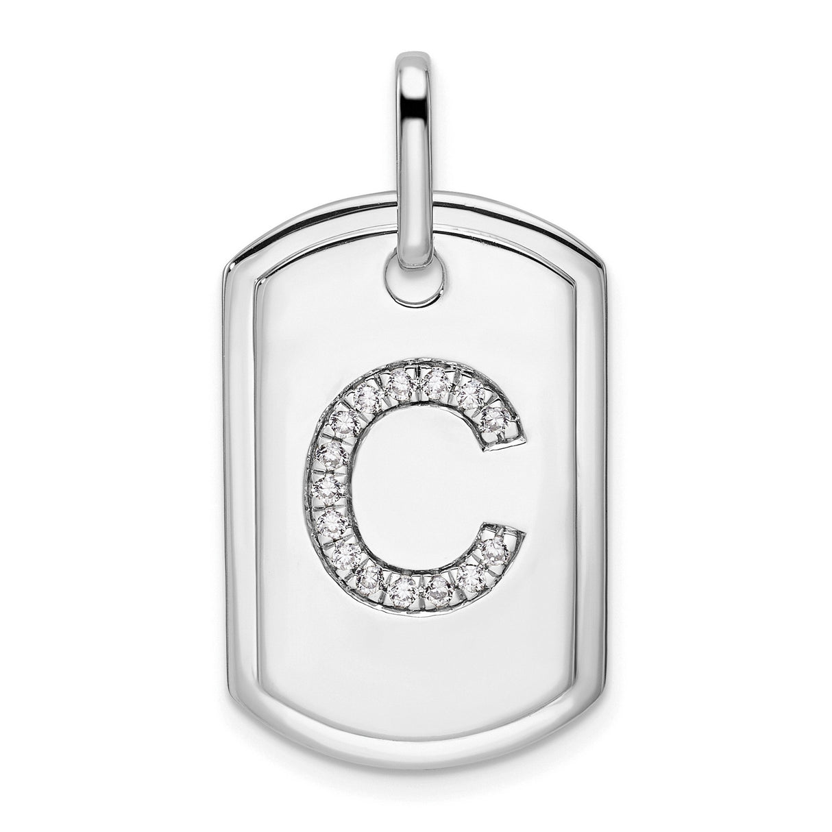 14k White Gold Dog Tag Pendant with Pavé Diamond Letter C, Unisex Initial Charm