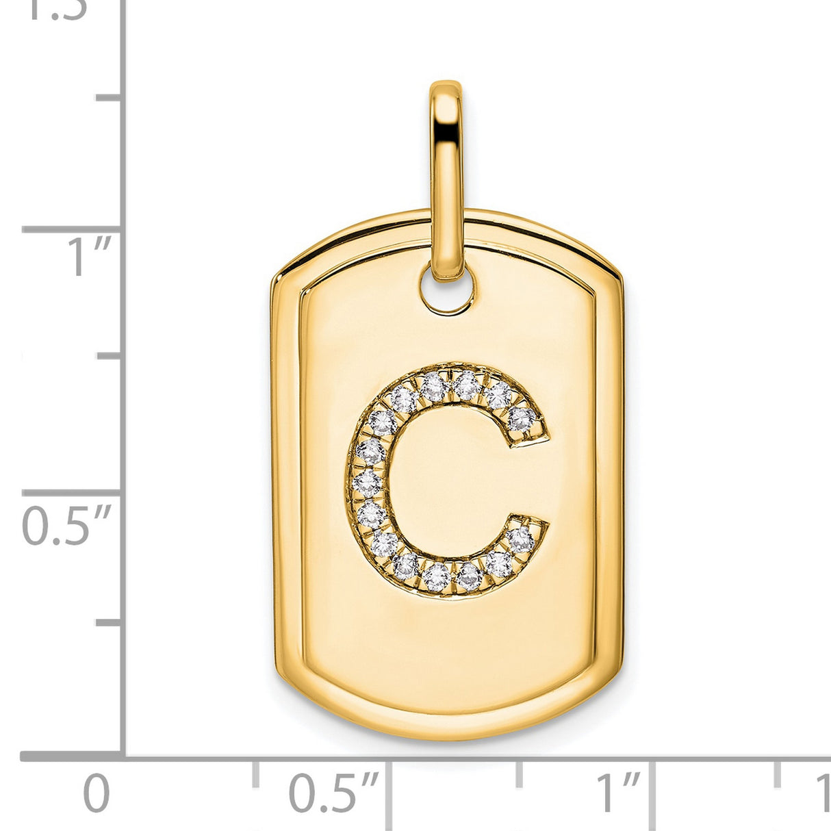 14k Yellow Gold Dog Tag Pendant with Pavé Diamond Letter C, Modern Personalized Charm