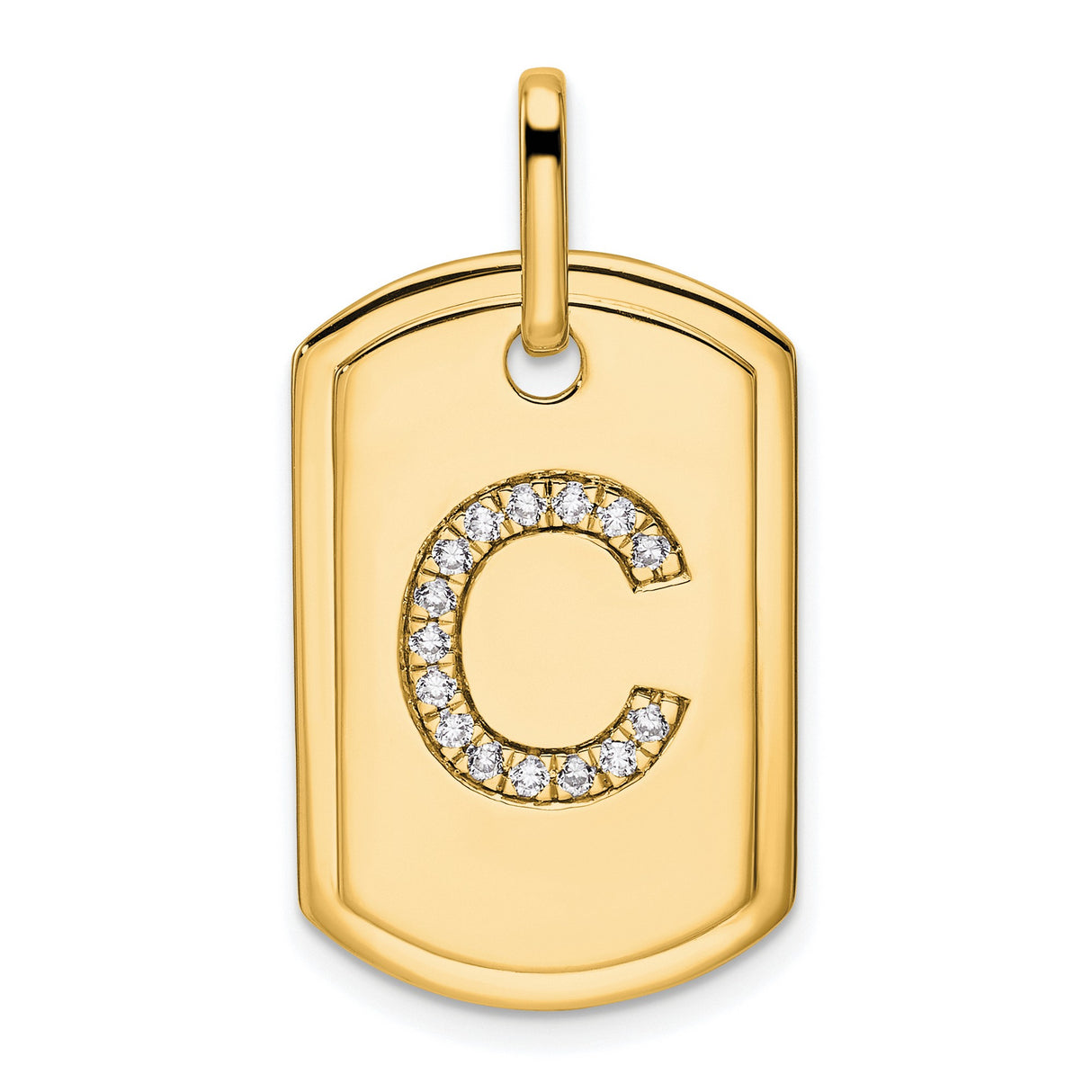 14k Yellow Gold Dog Tag Pendant with Pavé Diamond Letter C, Modern Personalized Charm