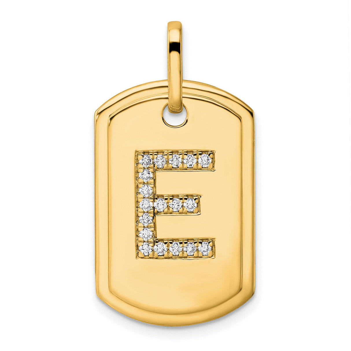 14k Yellow Gold Dog Tag Pendant with Pavé Diamond Letter E, Personalized Charm