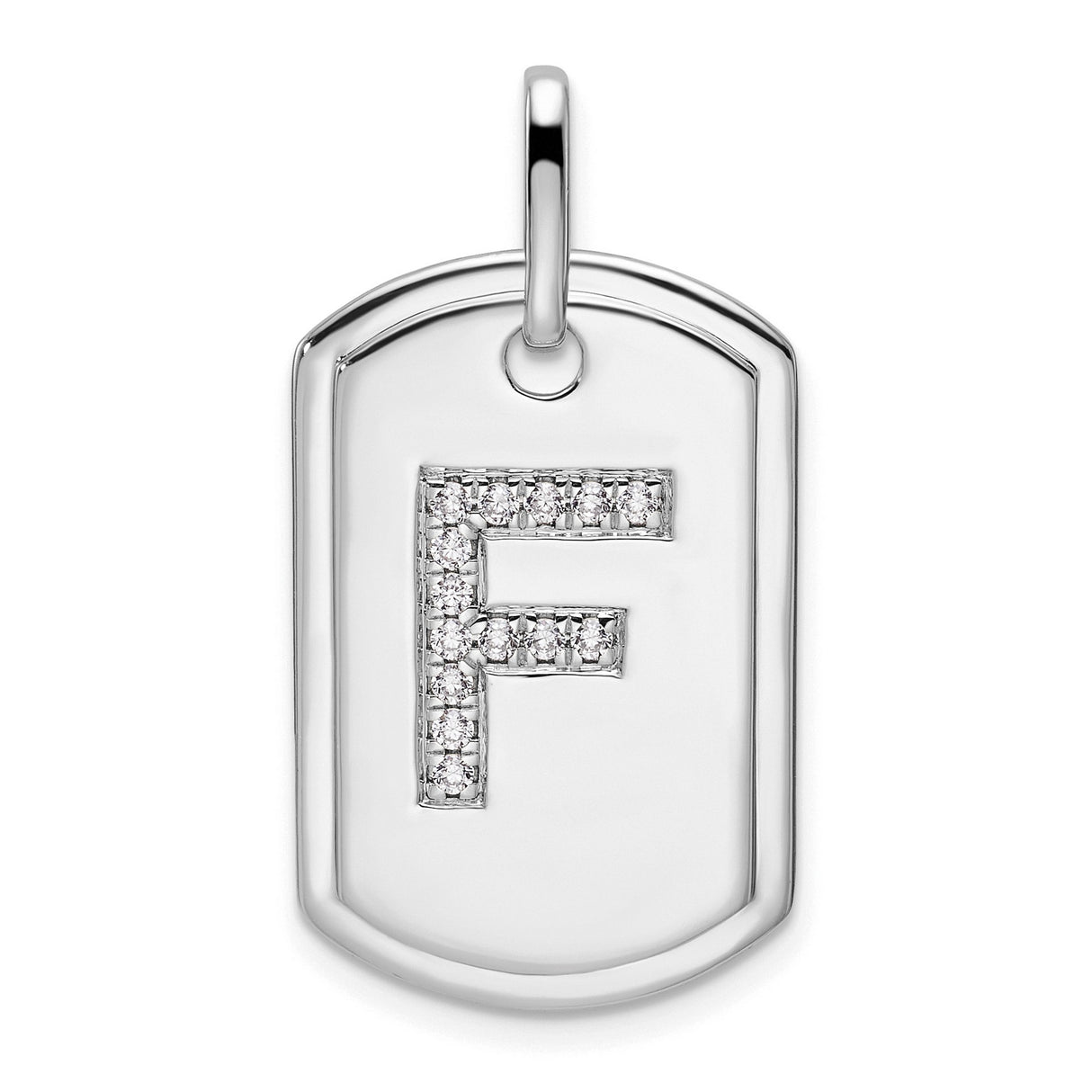 14k White Gold Pendant with Diamond, Letter F Dog Tag Charm, Unisex Monogram Jewelry