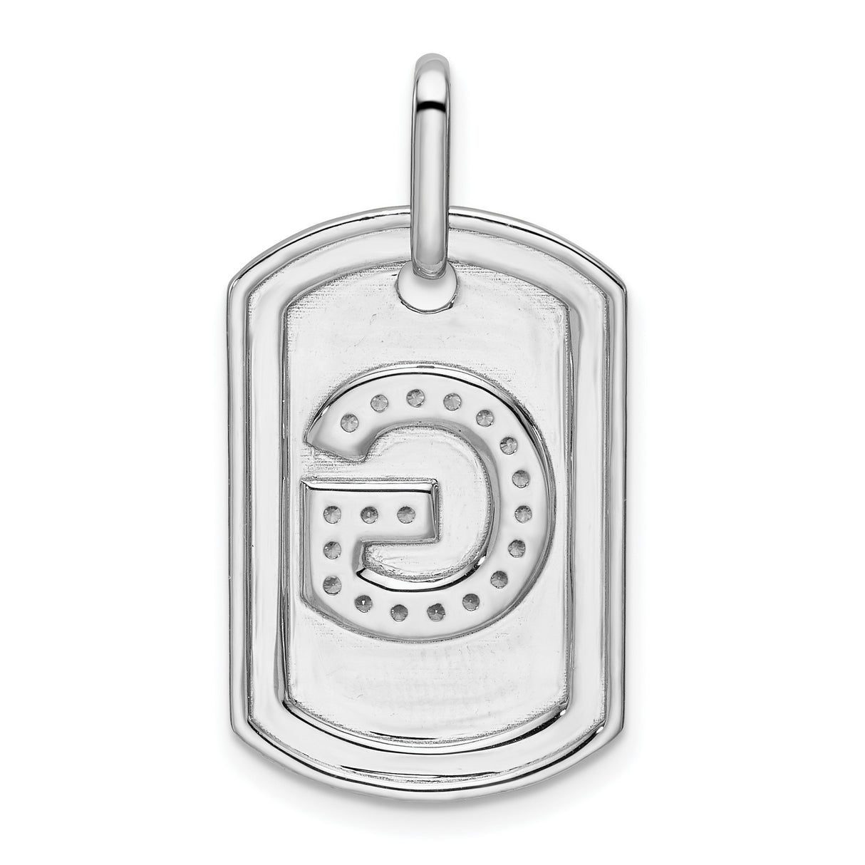 14k White Gold Dog Tag Pendant with Diamond Accent Letter G, Unisex Monogram Charm