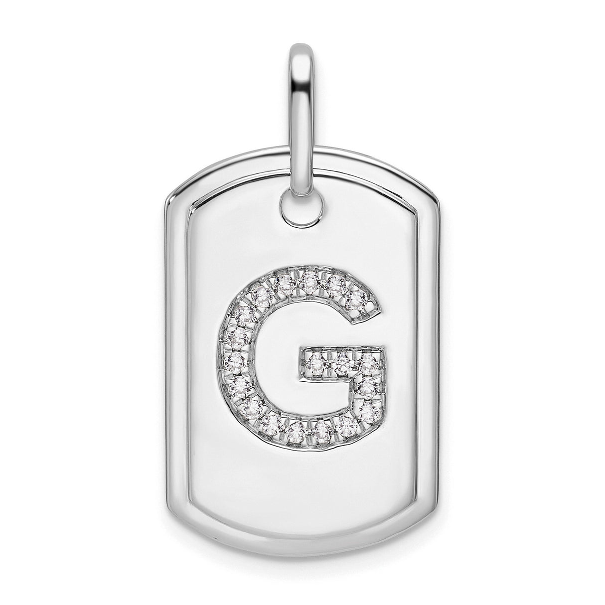 14k White Gold Dog Tag Pendant with Diamond Accent Letter G, Unisex Monogram Charm