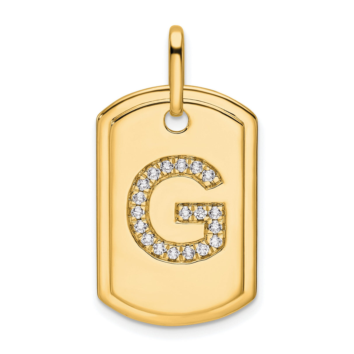14k Yellow Gold Dog Tag Pendant with Pavé Diamond Letter G Initial Charm