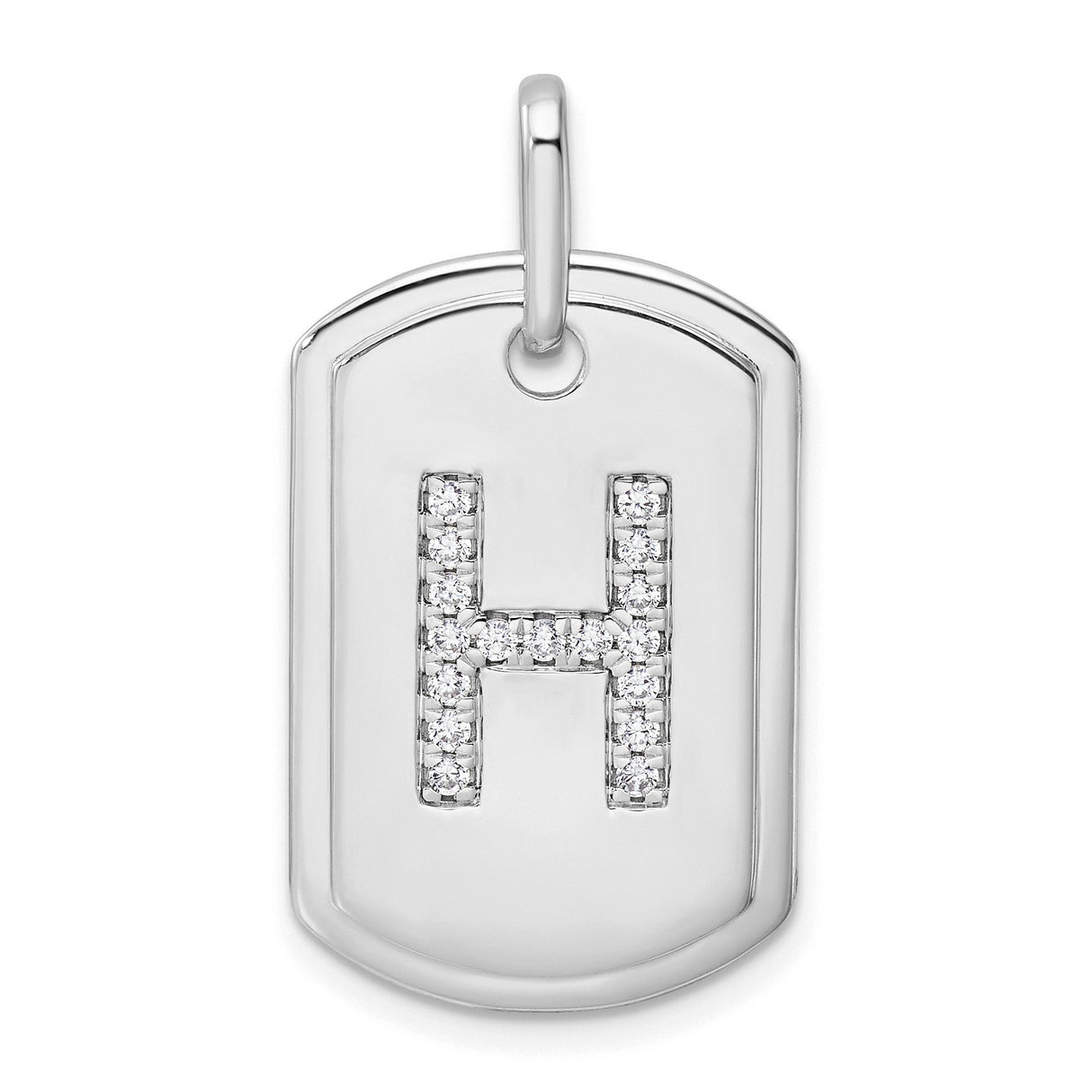 14k White Gold Dog Tag Pendant with Diamond Letter H, Unisex Initial Charm