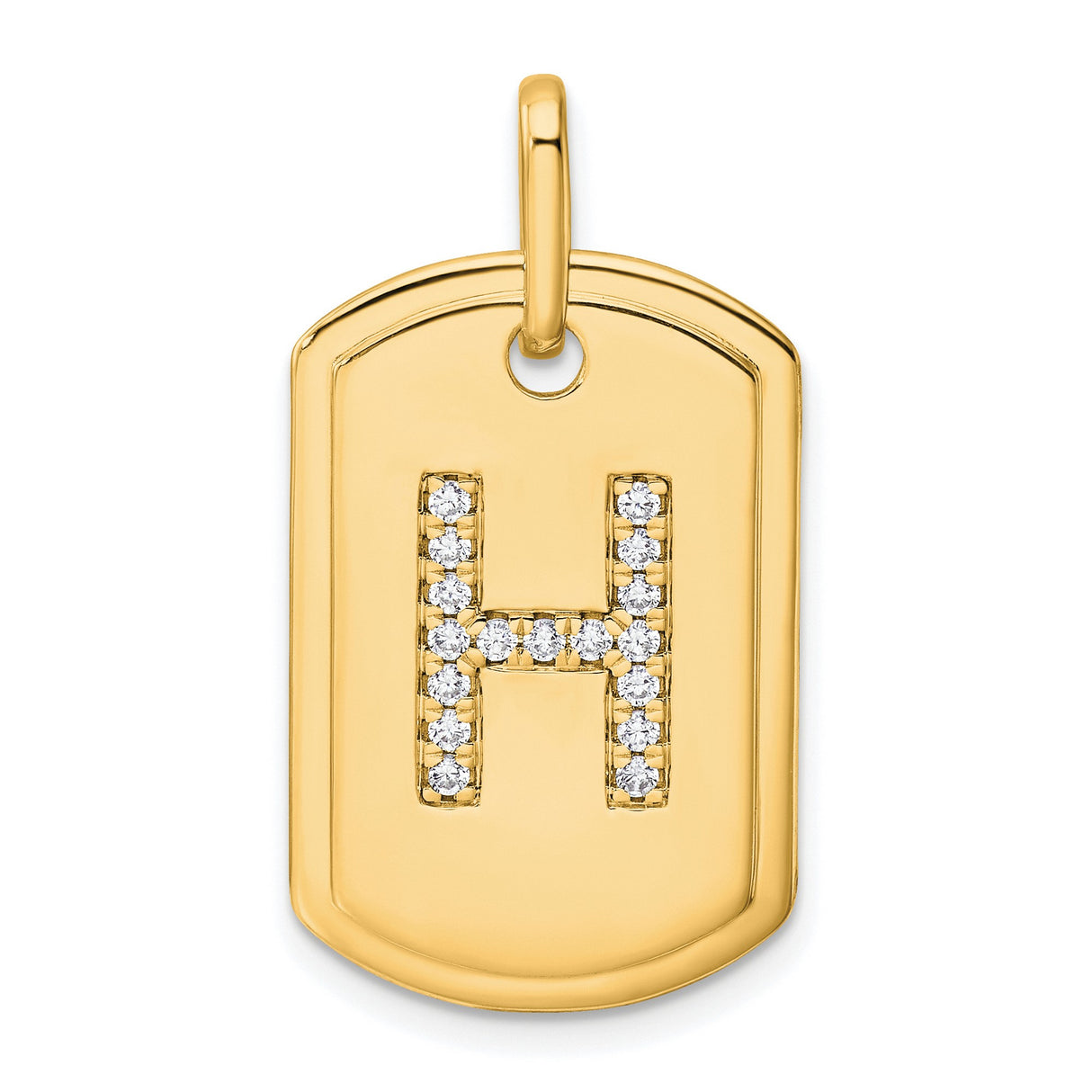 14k Yellow Gold Dog Tag Pendant with Pavé Diamond Letter H, Unisex Initial Charm