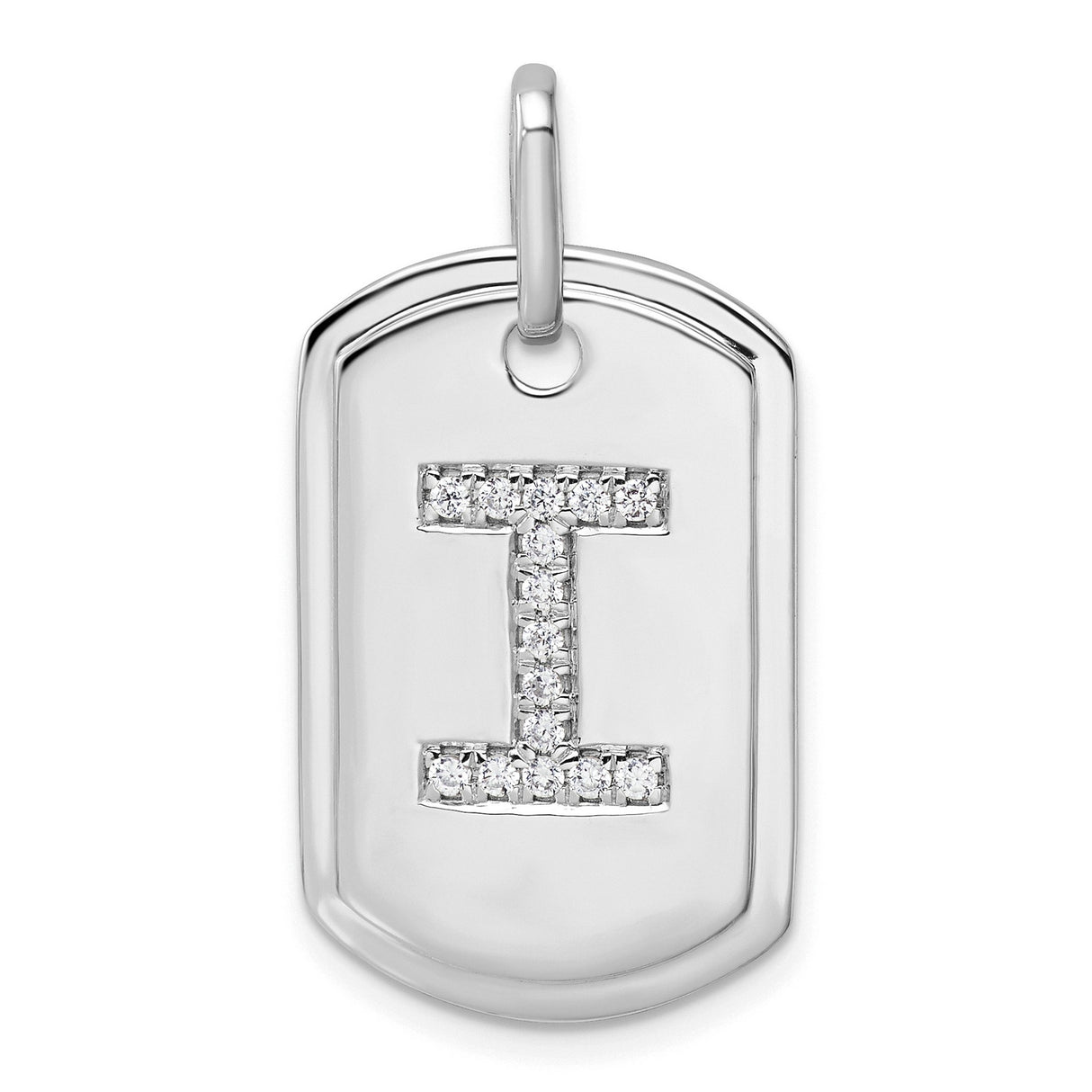 14k White Gold Dog Tag Pendant with Diamond Accent, Bold Letter I, Modern Minimalist Charm