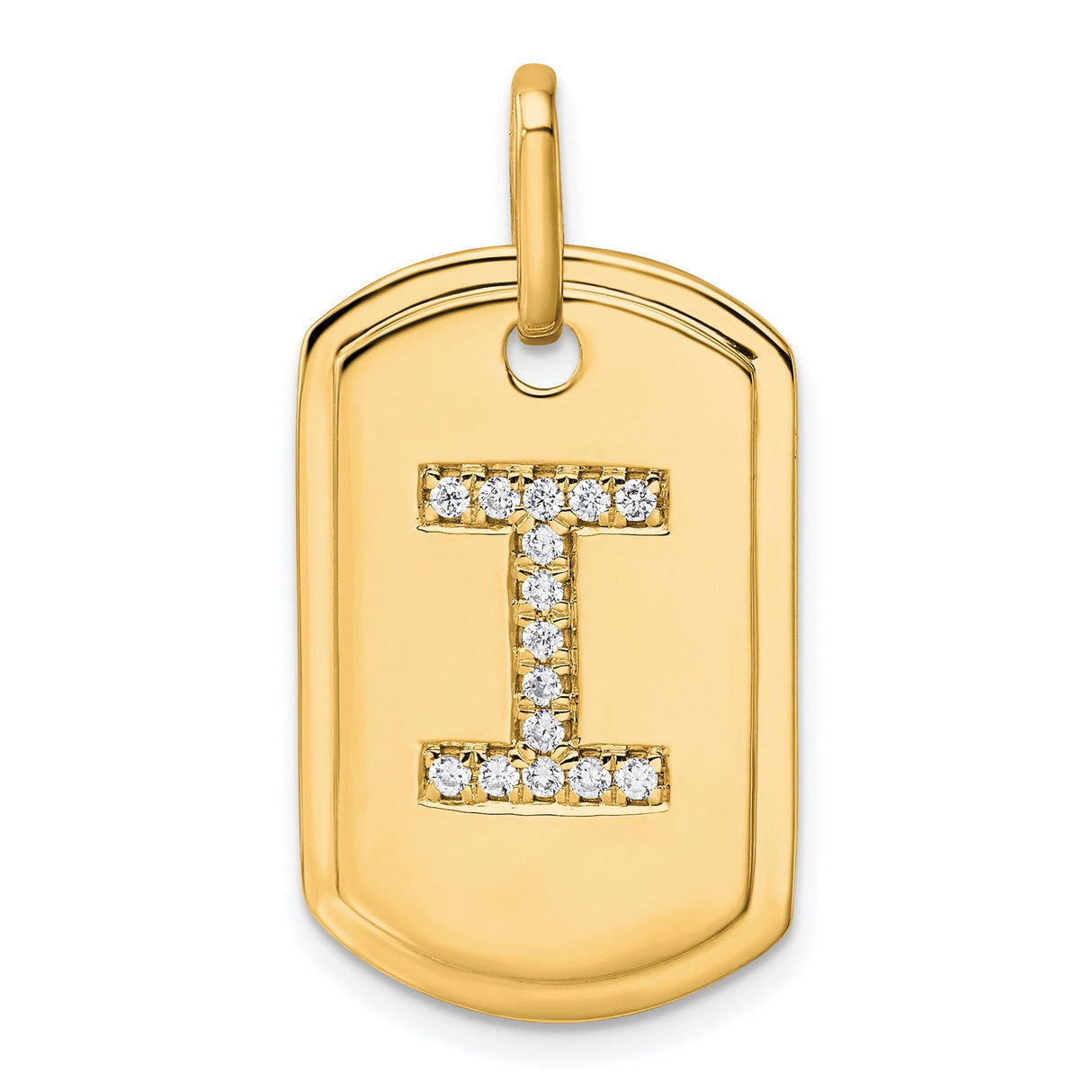 14k Yellow Gold Dog Tag Pendant with Pavé Diamond Letter I, Dainty Custom Alphabet Charm