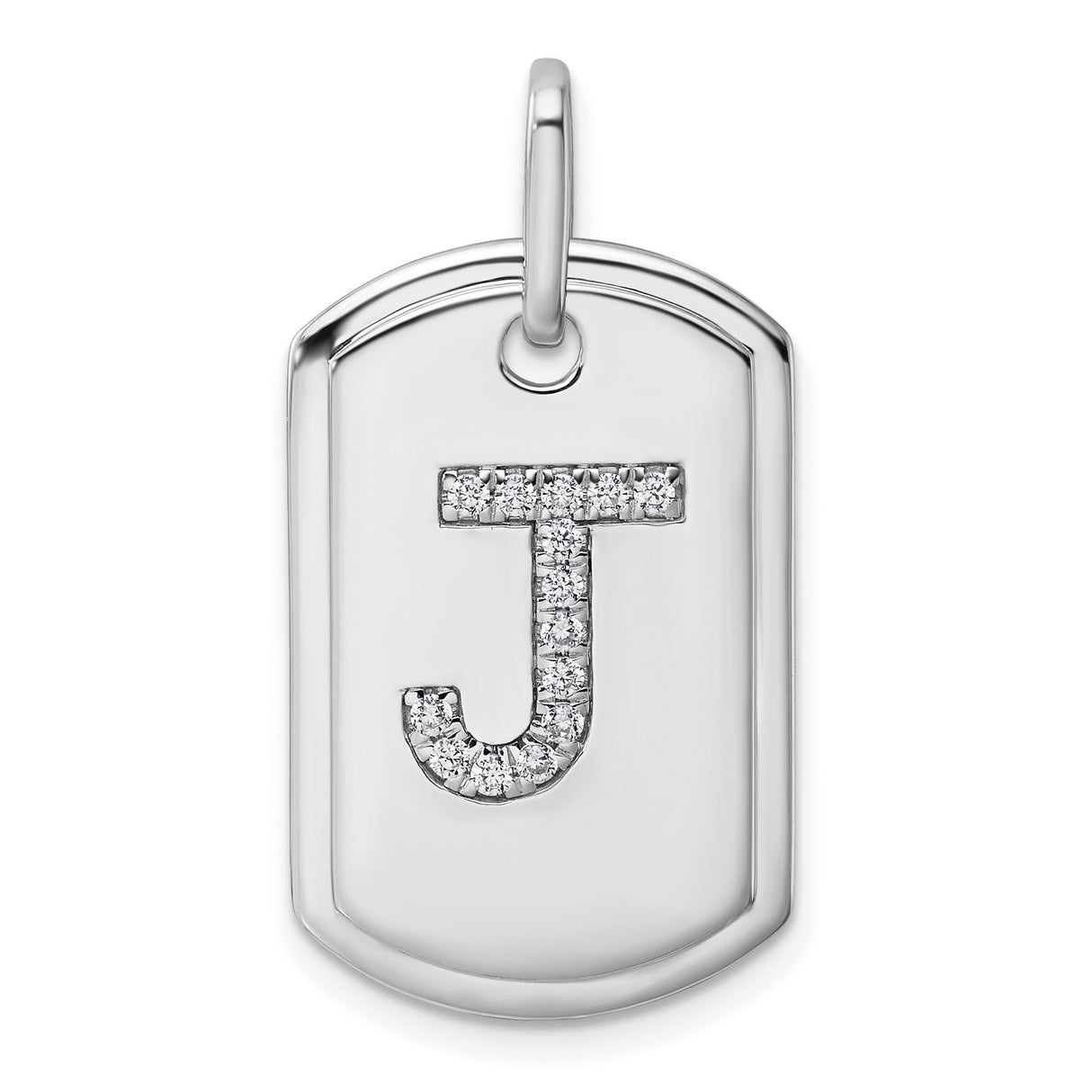 Diamond Initial J Dog Tag Charm Pendant in Real 14k White Gold