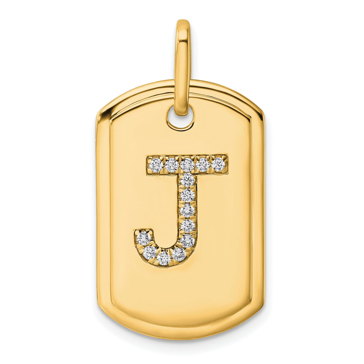 Diamond Initial J Dog Tag Charm Pendant in Real 14k Yellow Gold