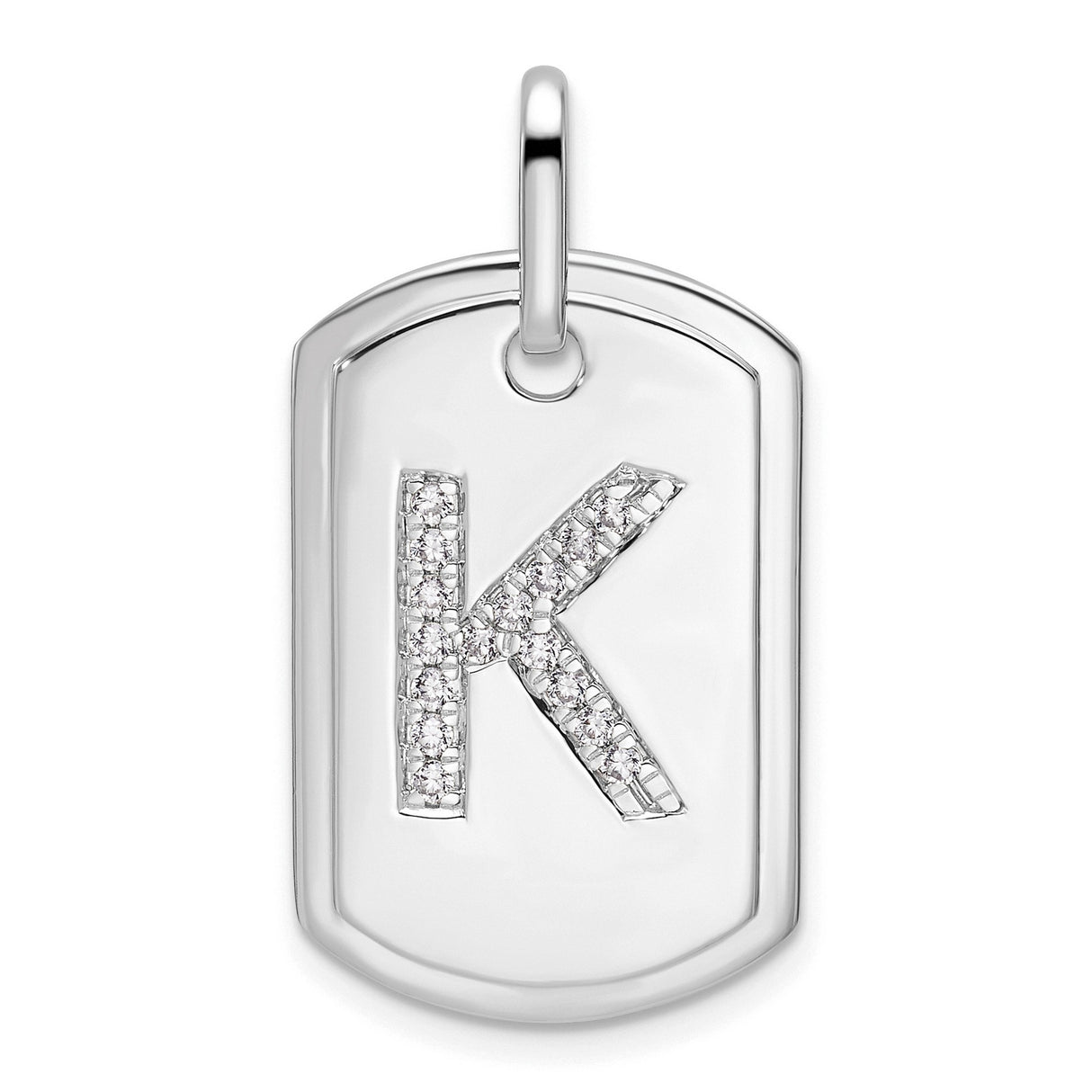 Diamond Initial K Dog Tag Charm Pendant in Real 14k White Gold