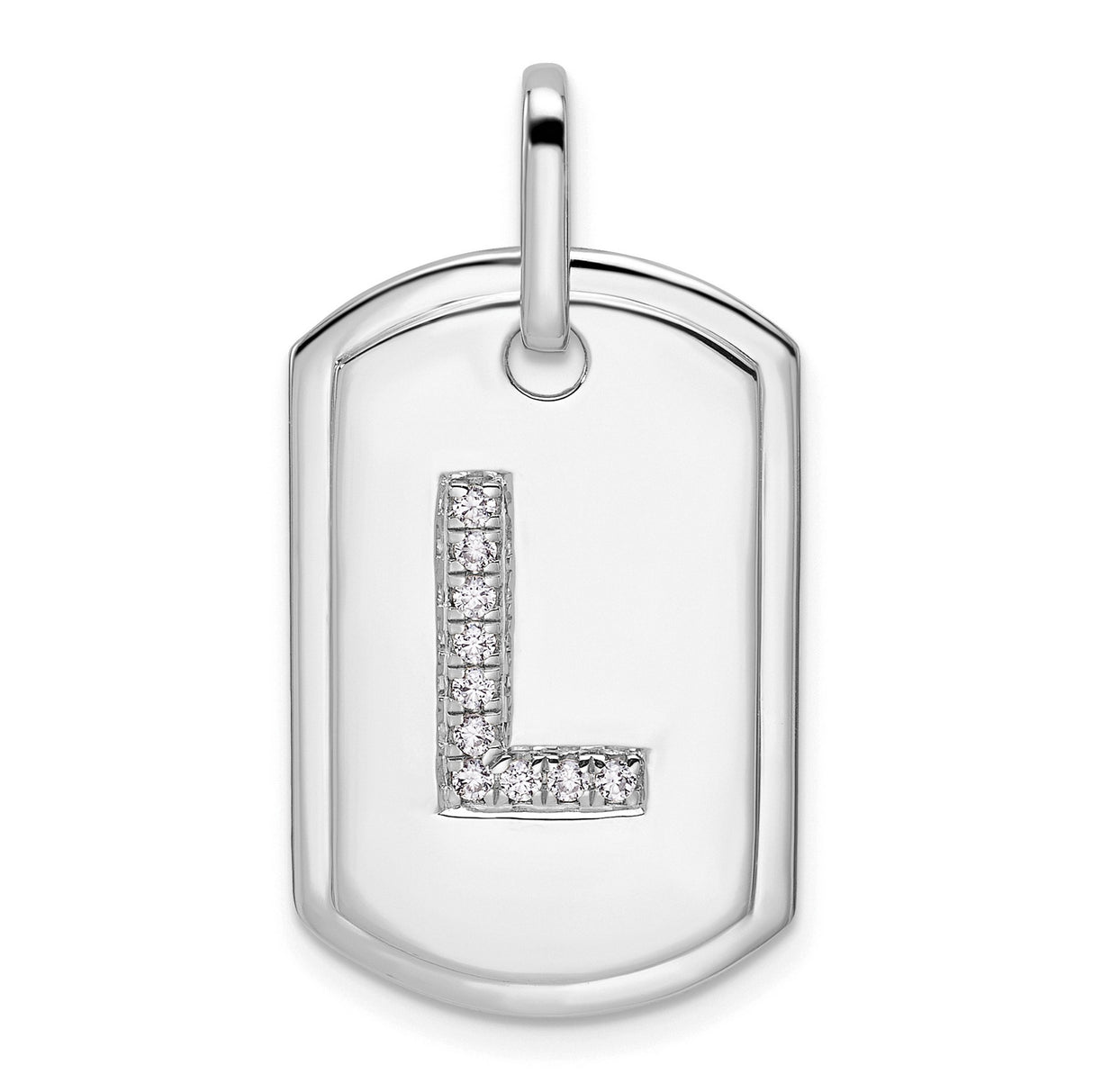 14k White Gold Dog Tag Pendant with Diamond Accent Letter L Initial Charm