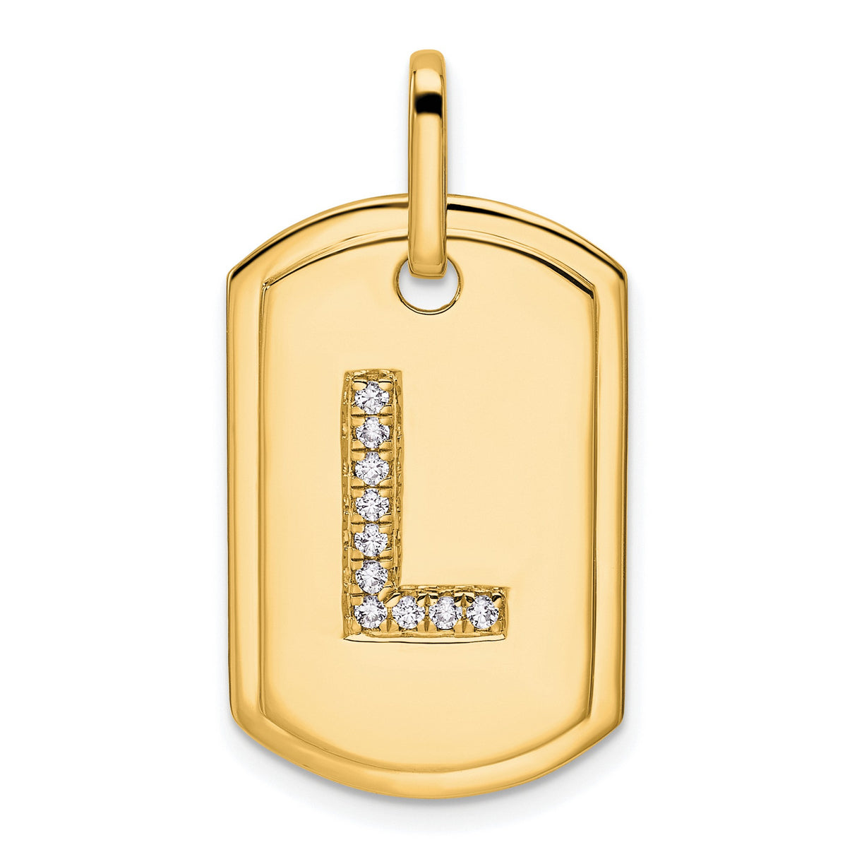14k Yellow Gold Dog Tag Pendant with Diamond Accent, Letter L Initial Charm