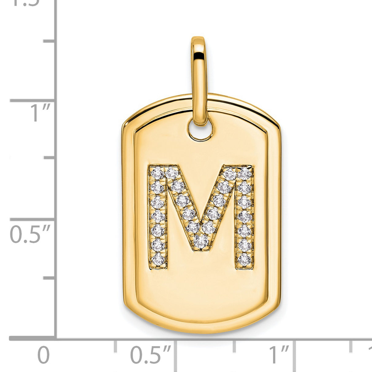 14k Yellow Gold Dog Tag Pendant with Pavé Diamond Letter M Initial Charm