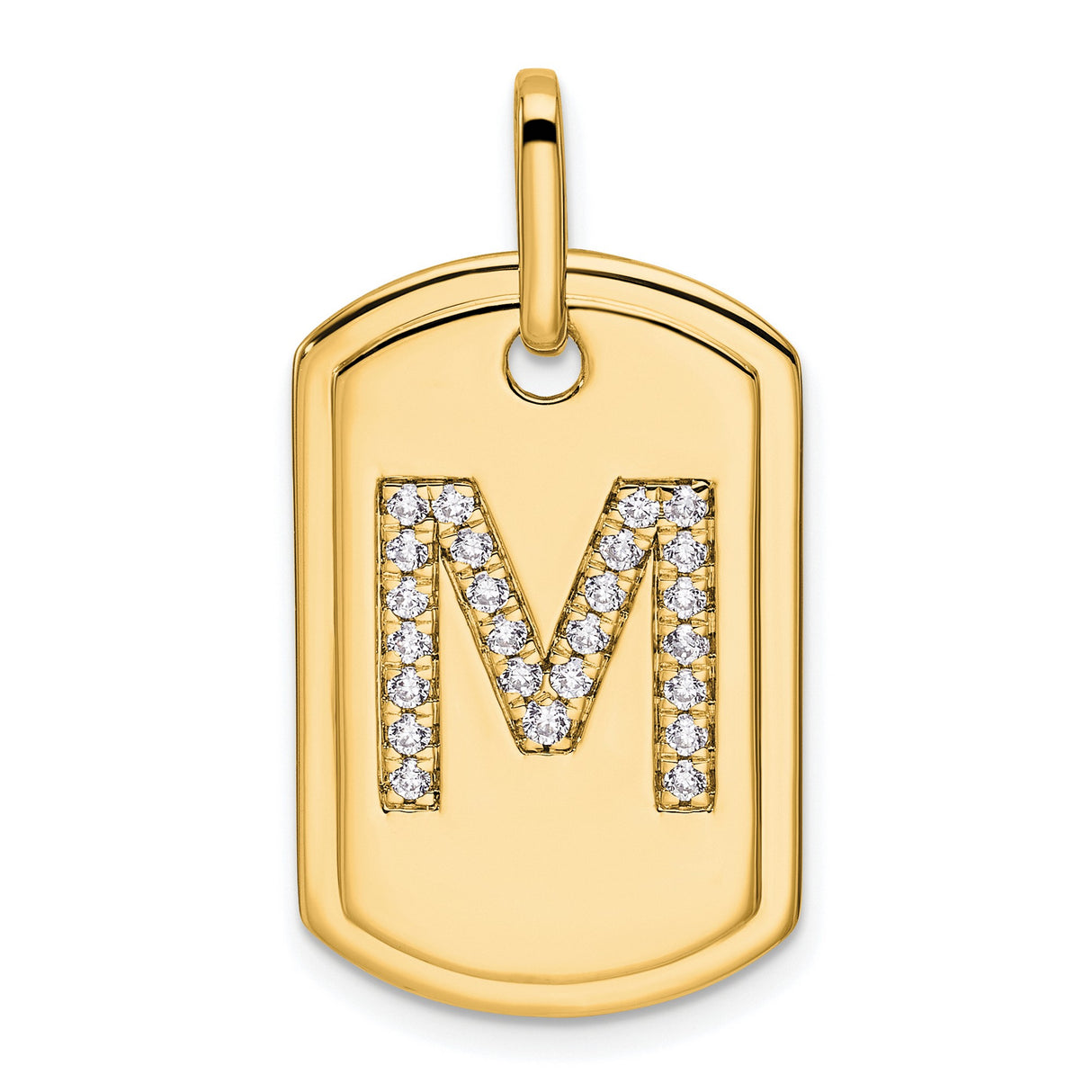 14k Yellow Gold Dog Tag Pendant with Pavé Diamond Letter M Initial Charm