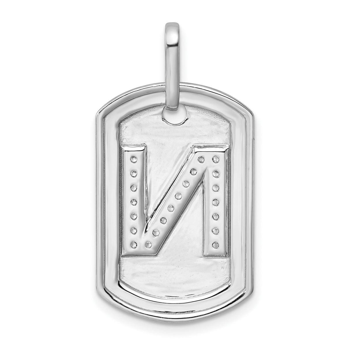 14k White Gold Dog Tag Pendant with Pavé Diamond Letter N, Unisex Initial Charm