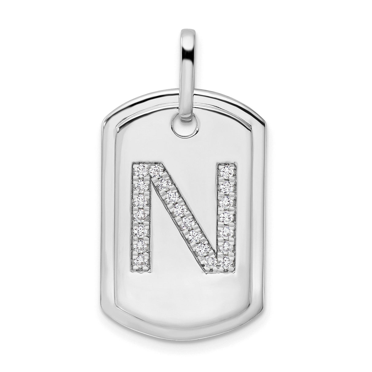 14k White Gold Dog Tag Pendant with Pavé Diamond Letter N, Unisex Initial Charm