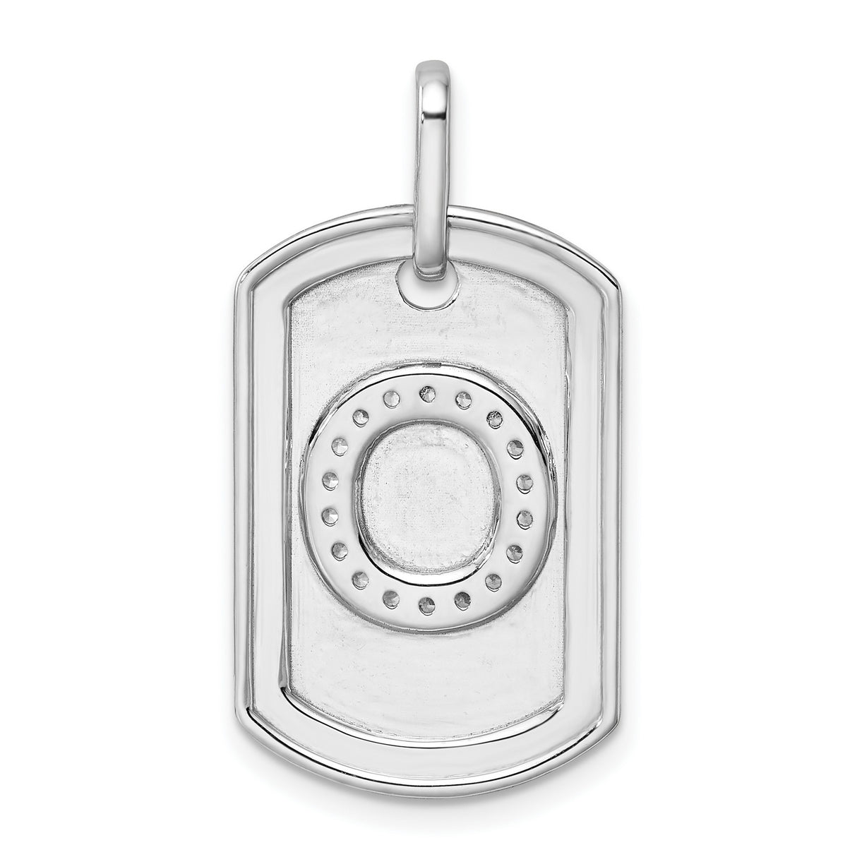 14k White Gold Dog Tag Pendant with Pavé Diamond Circle Letter O Design