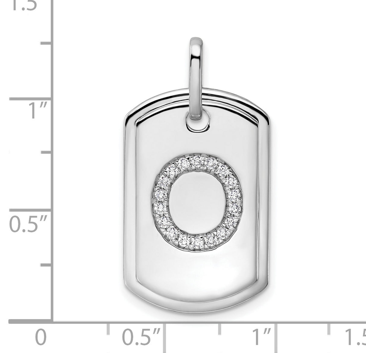 14k White Gold Dog Tag Pendant with Pavé Diamond Circle Letter O Design