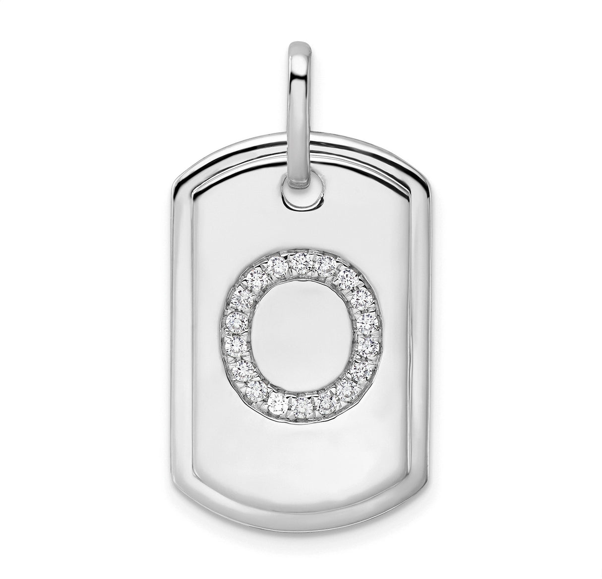 14k White Gold Dog Tag Pendant with Pavé Diamond Circle Letter O Design