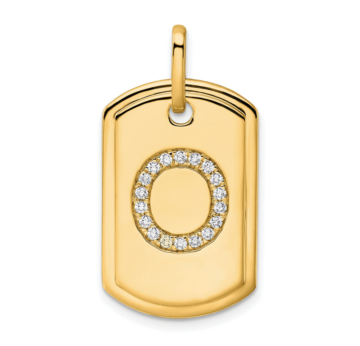 14k Yellow Gold Dog Tag Pendant with Diamond Accent, Script Letter O Charm