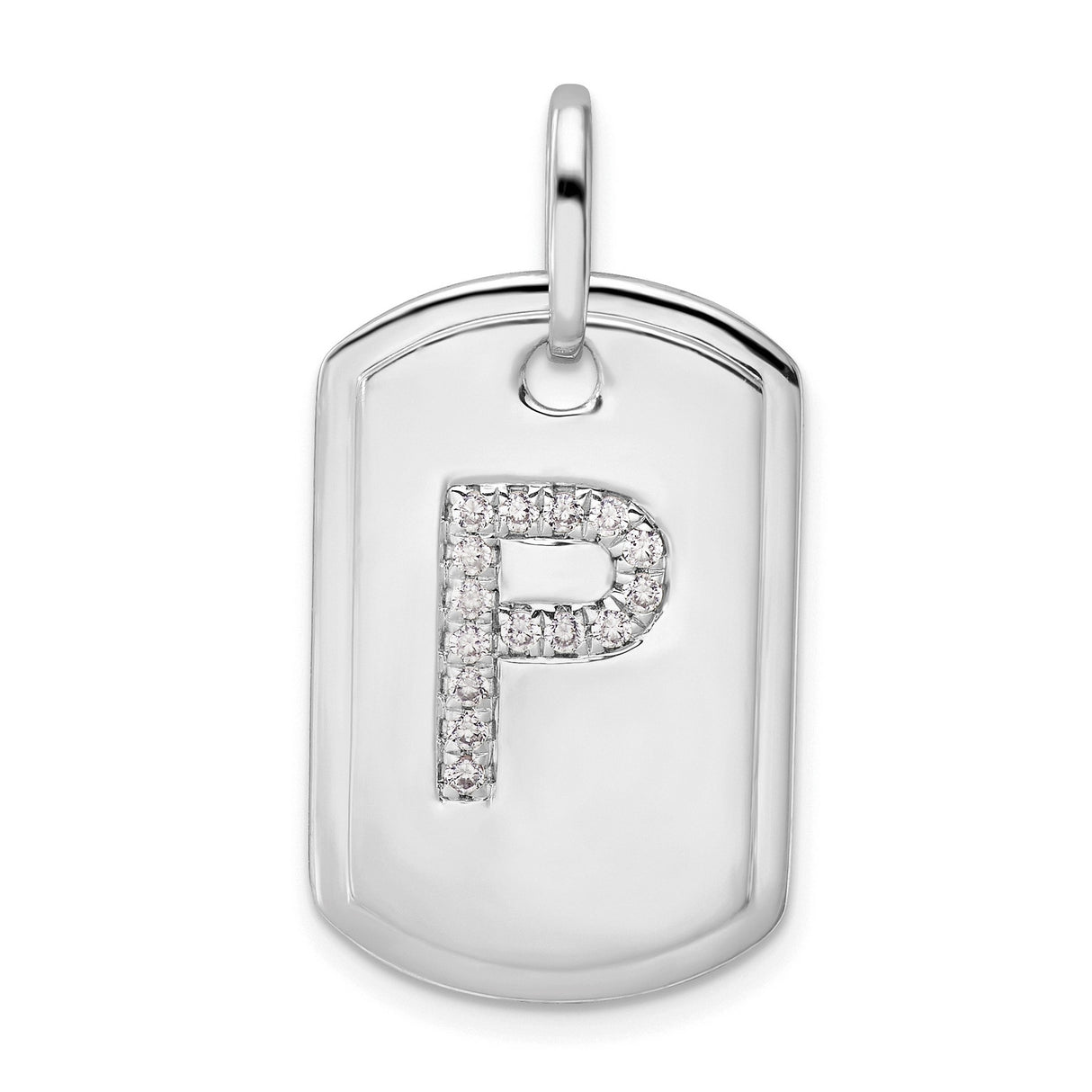 Diamond Initial P Dog Tag Charm Pendant in Real 14k White Gold
