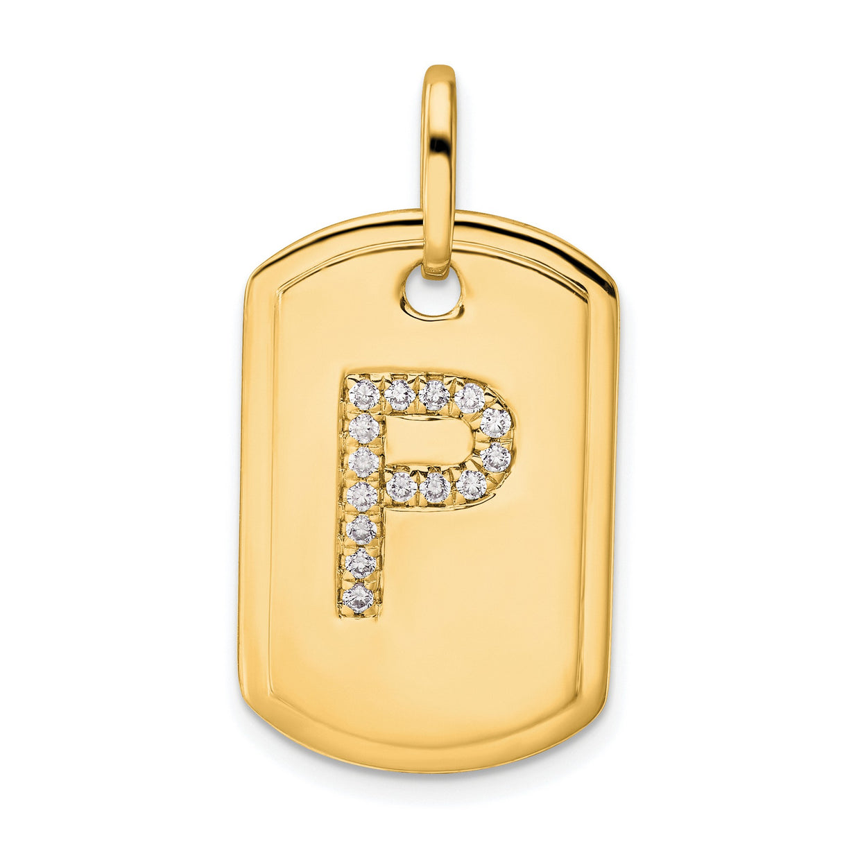 14k Yellow Gold Dog Tag Pendant with Diamond Accented Letter P, Modern Initial Charm