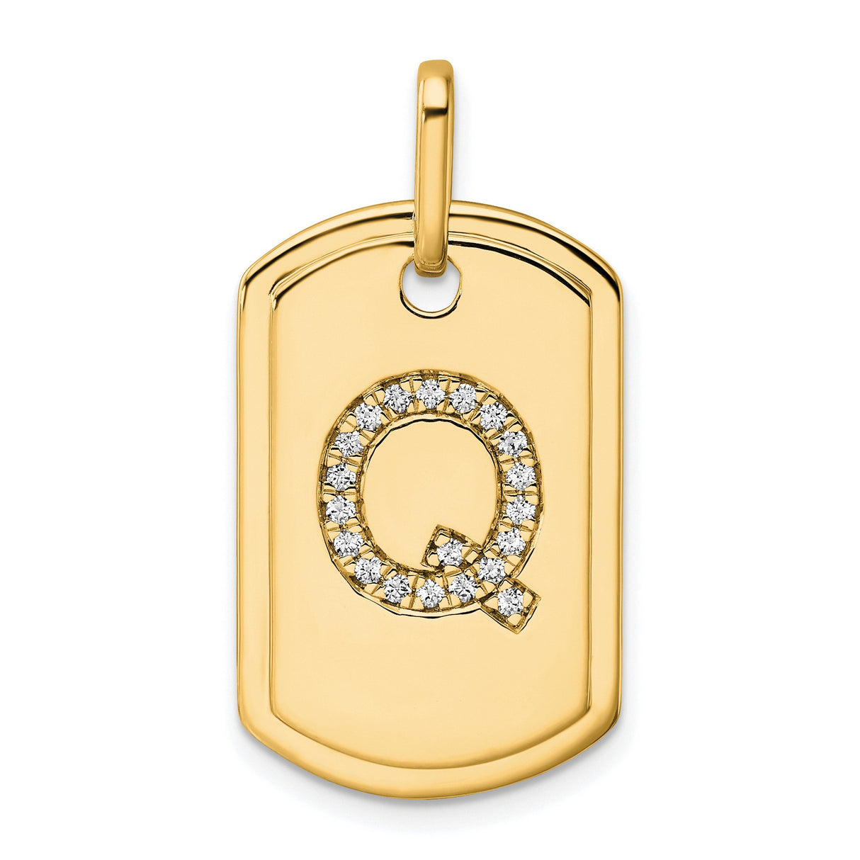 14k Yellow Gold Dog Tag Pendant with Pavé Diamond Letter Q Accent, Custom Monogram Charm