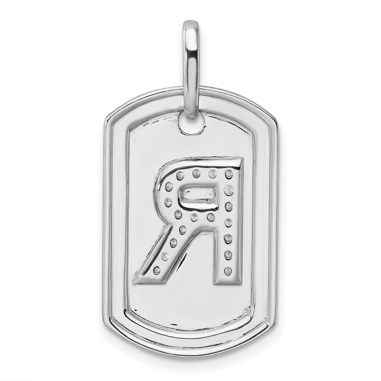 14k White Gold Dog Tag Pendant with Pavé Diamond Letter R Charm, Unisex Initial Jewelry