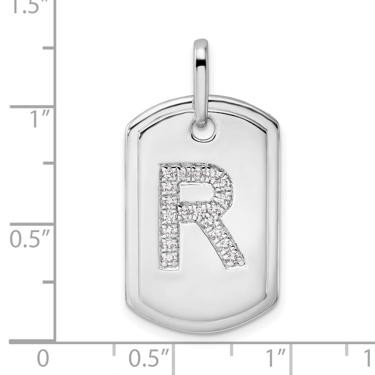 14k White Gold Dog Tag Pendant with Pavé Diamond Letter R Charm, Unisex Initial Jewelry