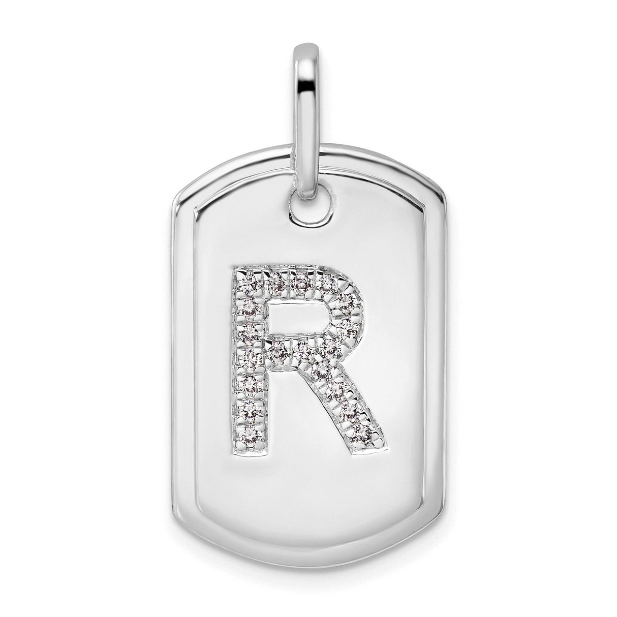 14k White Gold Dog Tag Pendant with Pavé Diamond Letter R Charm, Unisex Initial Jewelry